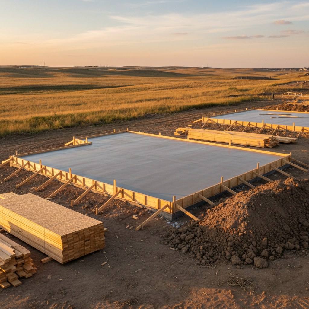 Freshly poured residential foundation with formwork and backfill on a new construction lot in south Sioux Falls